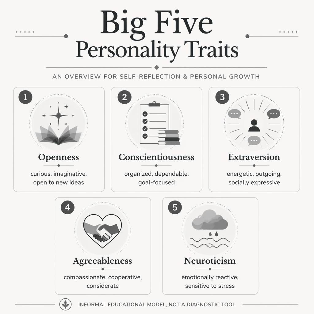 Monochrome Big Five personality infographic with 5 numbered trait cards, simple icons, captions, and educational footer note.