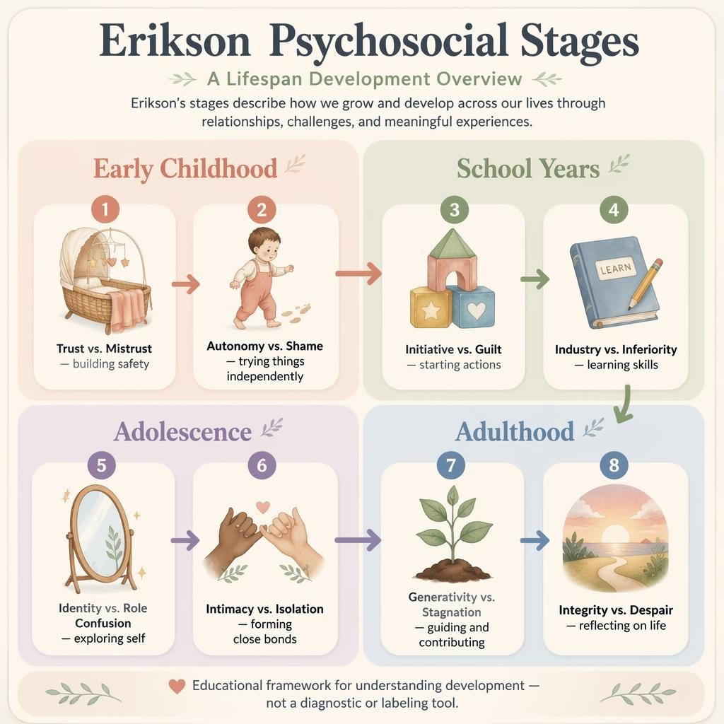 Psychology infographic titled "Erikson Psychosocial Stages". ATTACHMENT STYLES quadrant layout adapted as an educational