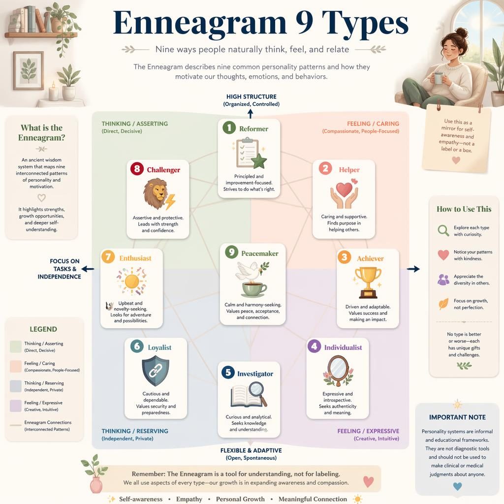 Pastel psychology infographic with a central quadrant, 9 Enneagram type cards, icons, labels, and an educational note.