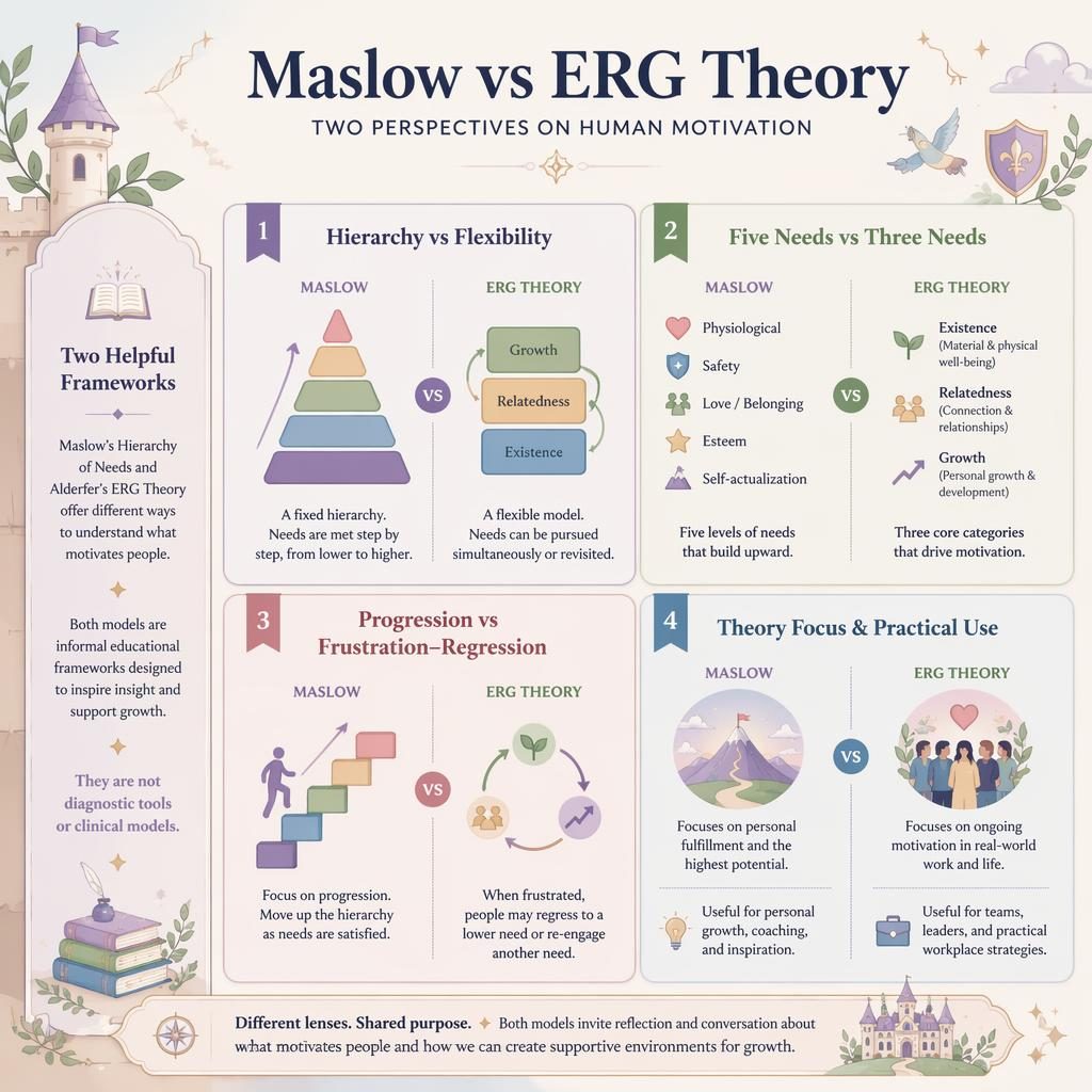 Pastel psychology infographic comparing Maslow and ERG Theory in a 2x2 quadrant with icons, arrows, badges, and notes.