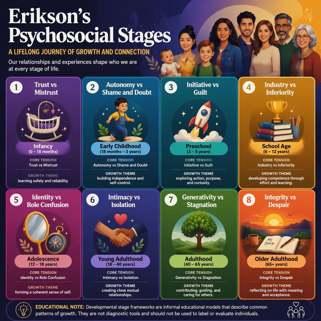 Editorial psychology infographic grid with 8 Erikson stage cards, icons, age ranges, bold gradients, and modern family-style figures.