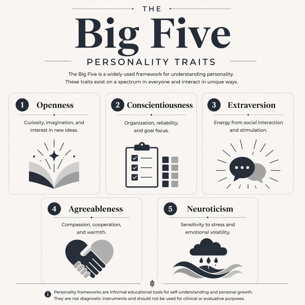 Monochrome psychology infographic with 5 numbered cards for Big Five traits, icons, captions, and an educational footer note.