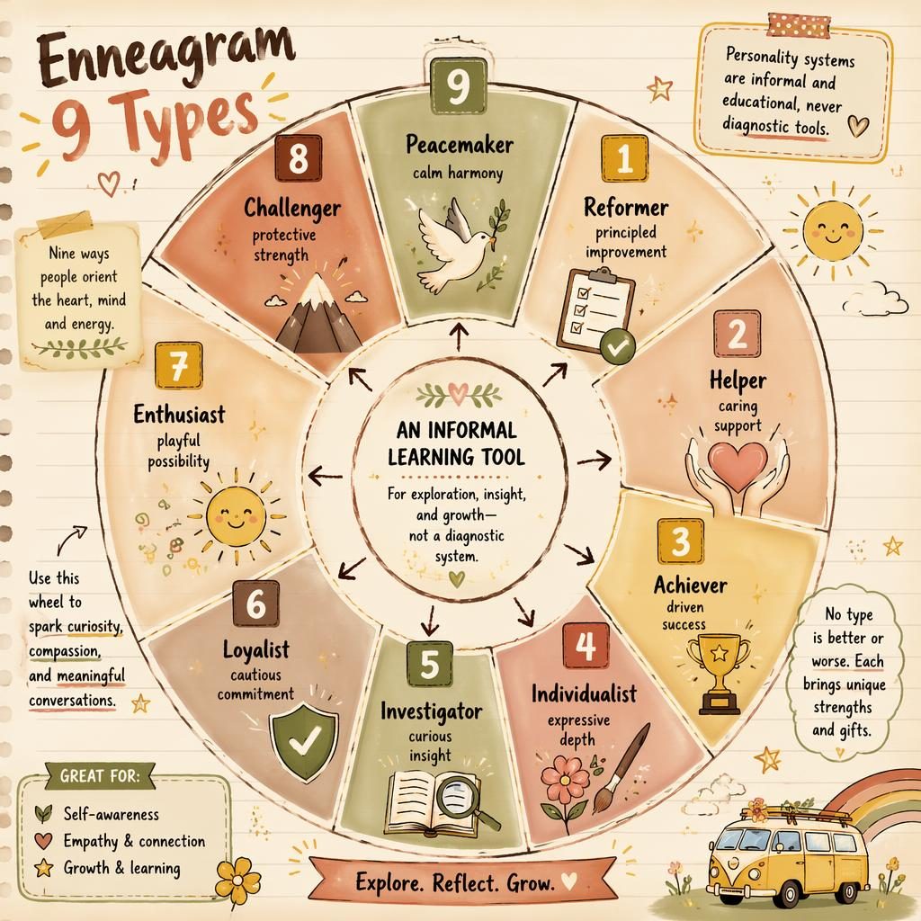 Sketchnote Enneagram 9 Types wheel infographic with 9 labeled segments, doodle icons, warm earth colors, and sunshine motifs.