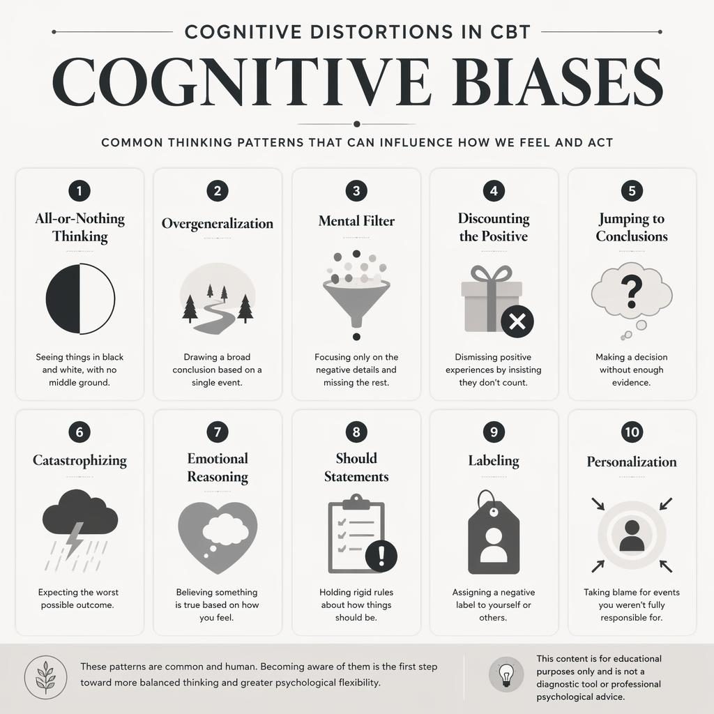 Monochrome psychology infographic poster grid with 10 numbered CBT cognitive distortions cards, icons, captions, and footer note.