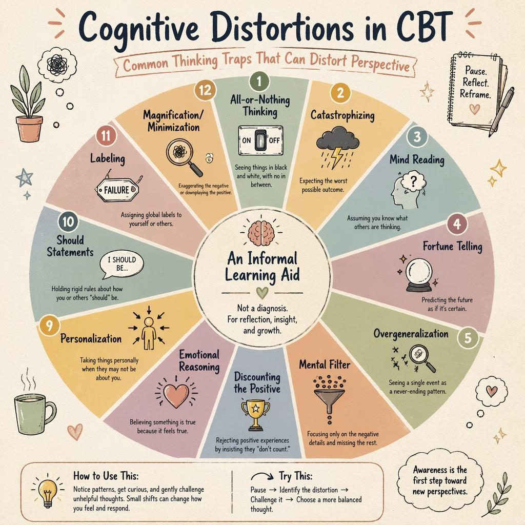Hand-drawn CBT cognitive distortions wheel infographic with labeled segments, icons, captions, arrows, and warm earth tones.