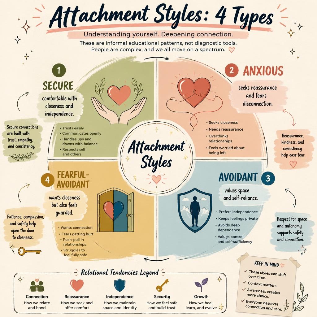 Wheel-style attachment styles infographic with 4 labeled segments, icons, captions, arrows, legend, and warm earth tones.