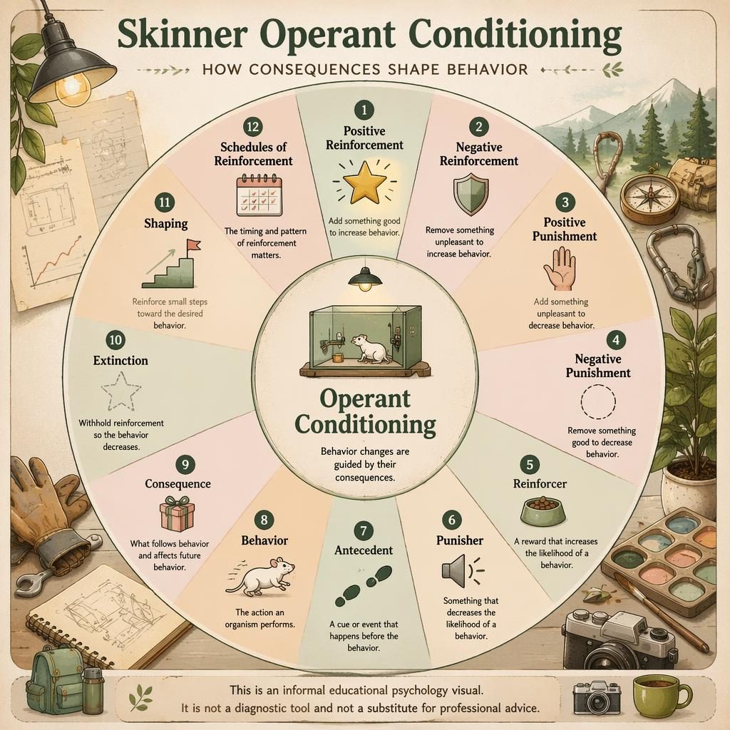 Warm illustrated operant conditioning wheel infographic with sage and blush segments, icons, captions, and footer note.