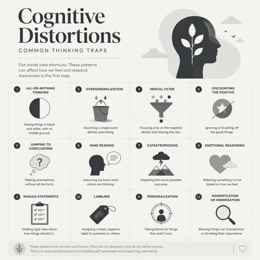 Psychology infographic about: cognitive distortions cbt. Archetype: cognitive biases poster grid. Style: minimal flat, m