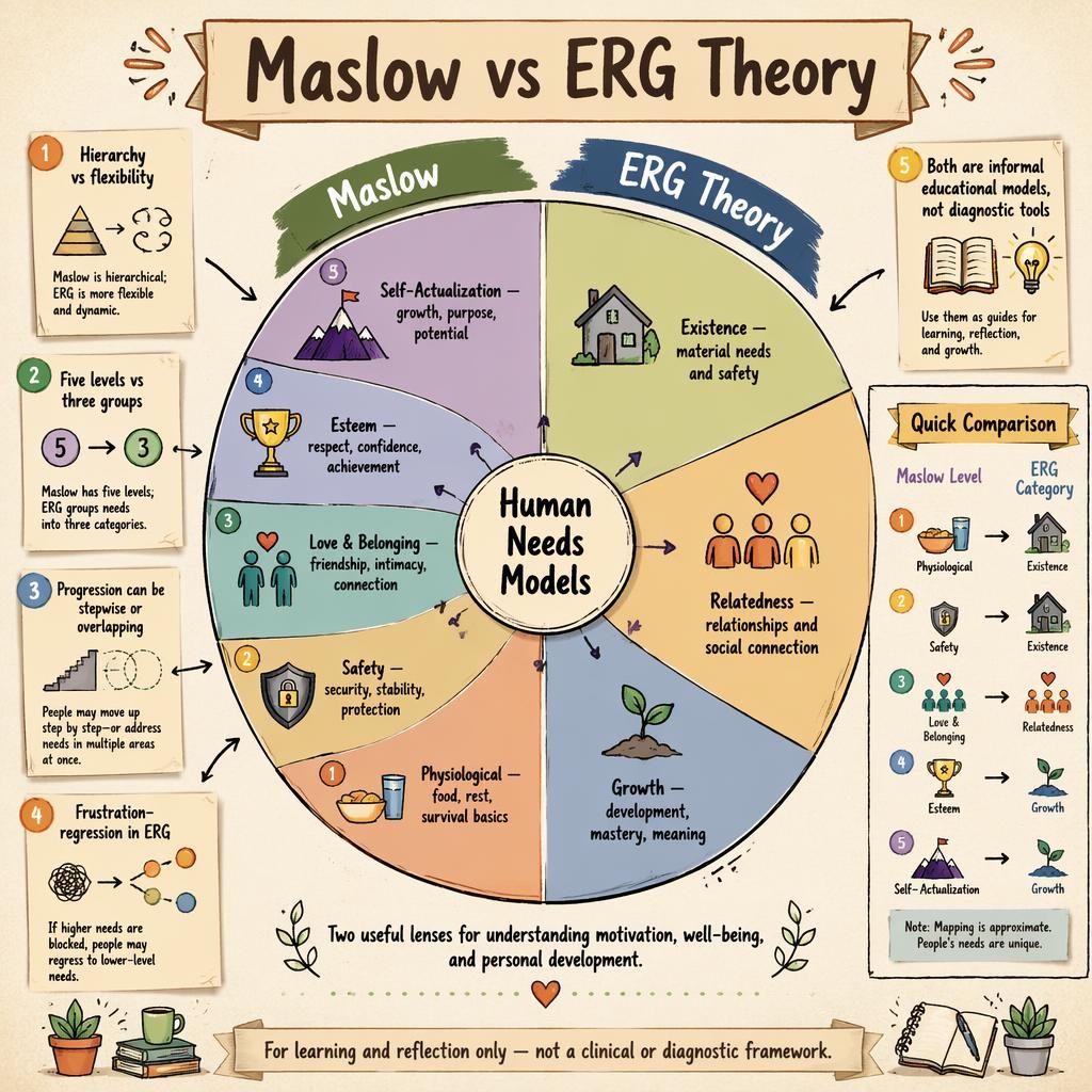 Sketchnote psychology wheel comparing Maslow and ERG Theory with icons, callout cards, legend, and paper texture.