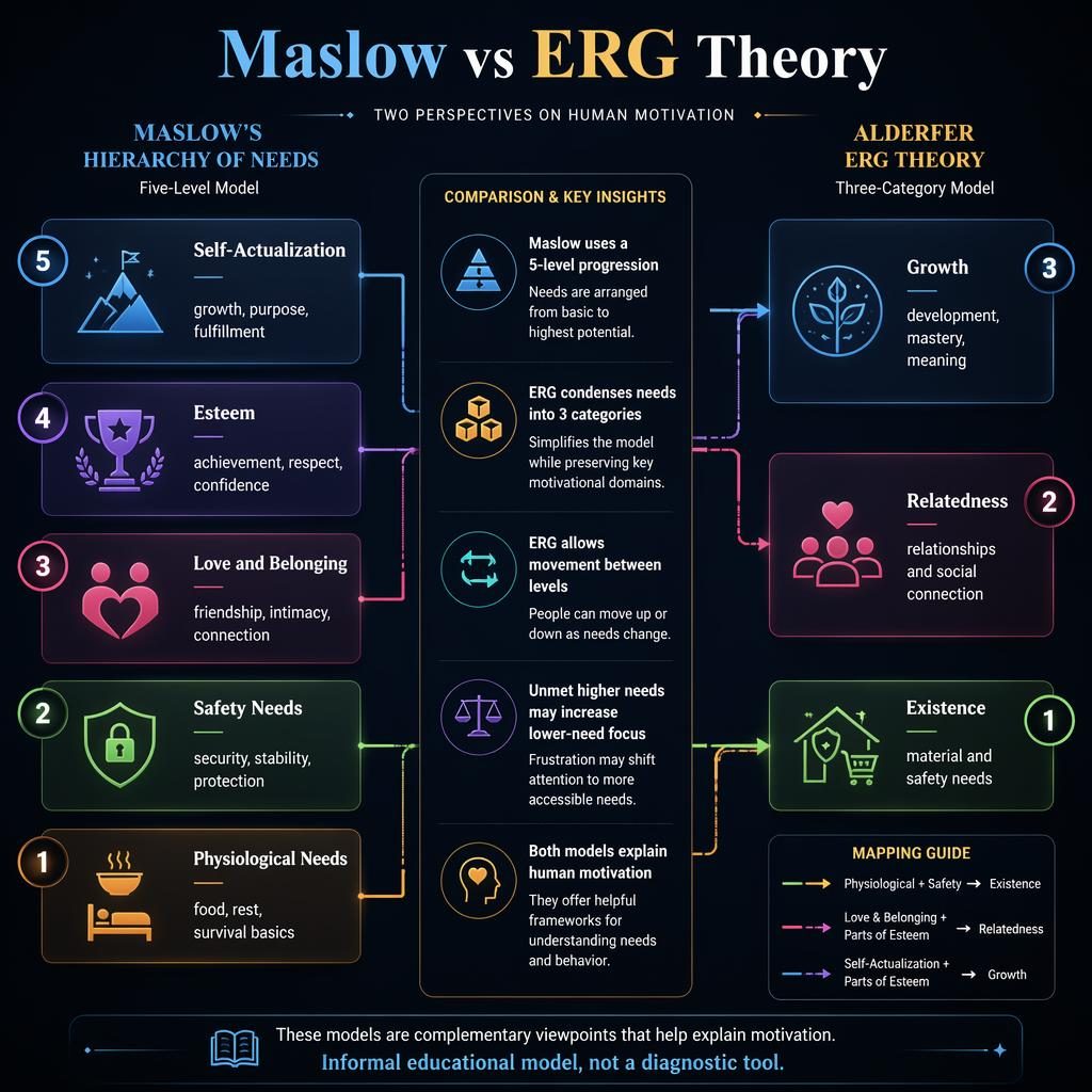 Dark mode psychology infographic comparing Maslow's 5 needs levels with Alderfer ERG's 3 categories using icons and arrows.