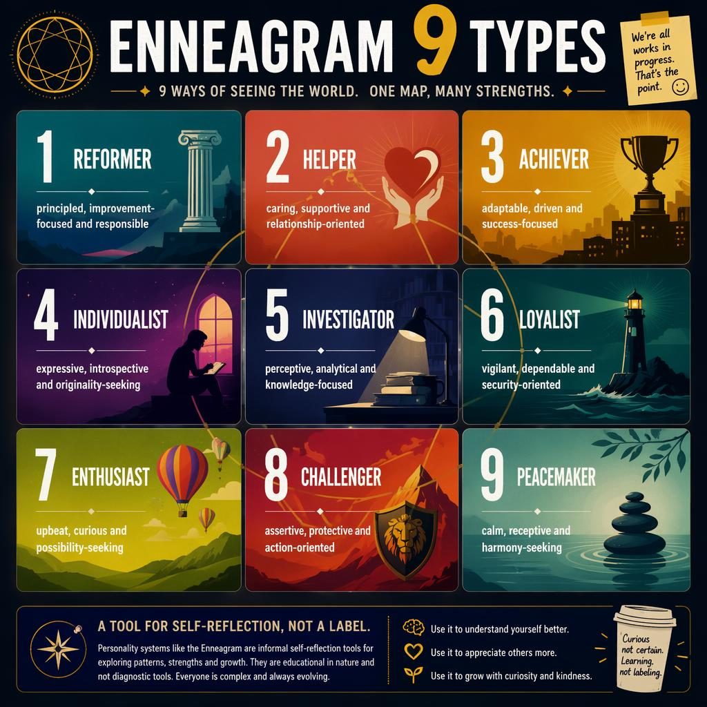 Editorial infographic showing a 3x3 Enneagram 9 Types matrix with icons, type names, trait lines, and disclaimer panel.