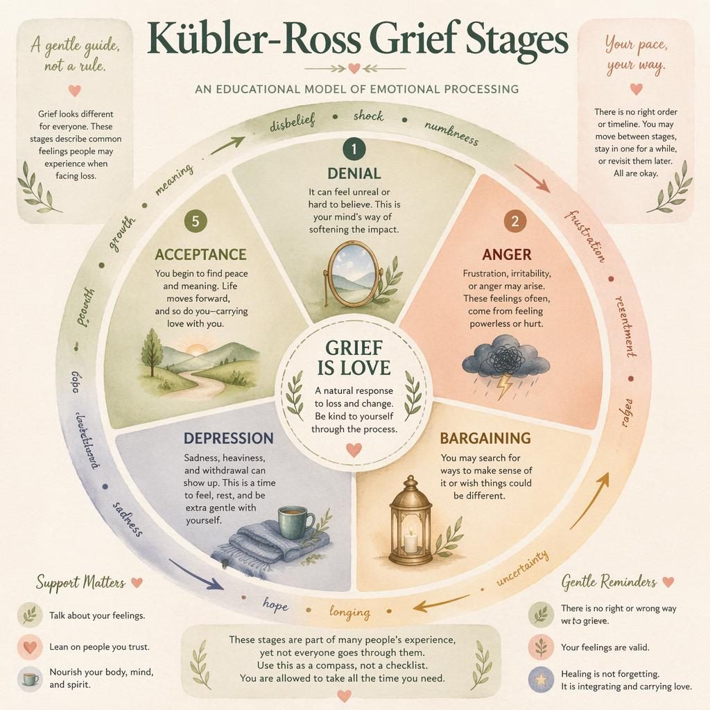 Circular psychology infographic of the Kubler-Ross grief stages with 5 labeled segments, icons, arrows, and sage blush tones.