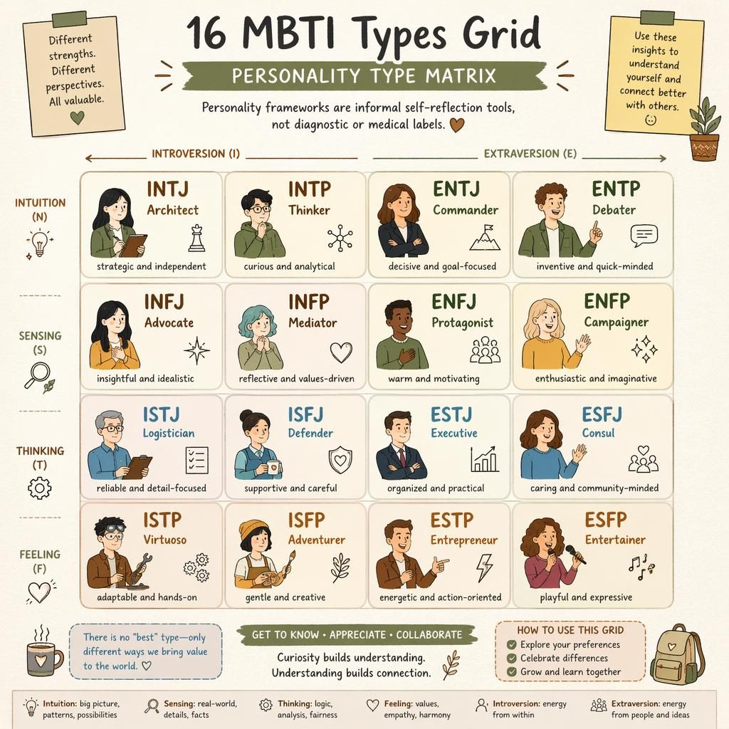 Sketchnote-style 4x4 infographic grid showing all 16 MBTI types with names, brief traits, icons, arrows, and notes.