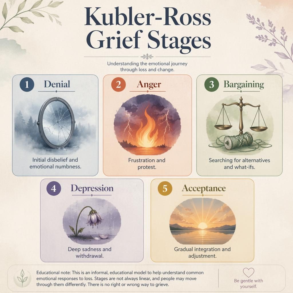 Educational grief stages infographic with 5 numbered cards, icons, captions, muted rainbow palette, and an informal note.