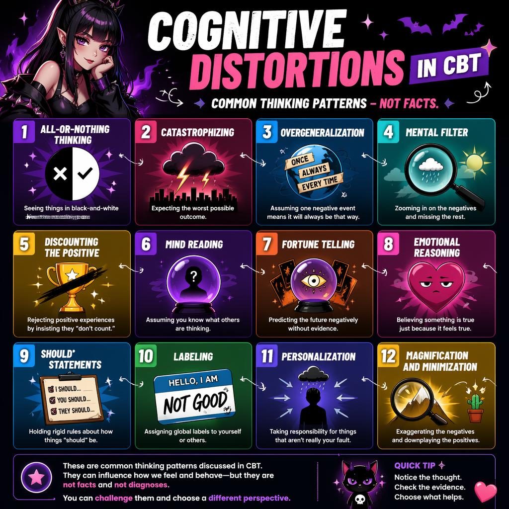 Colorful CBT infographic poster grid with 12 numbered cognitive distortions cards, icons, captions, and anime-inspired villain-girl styling.