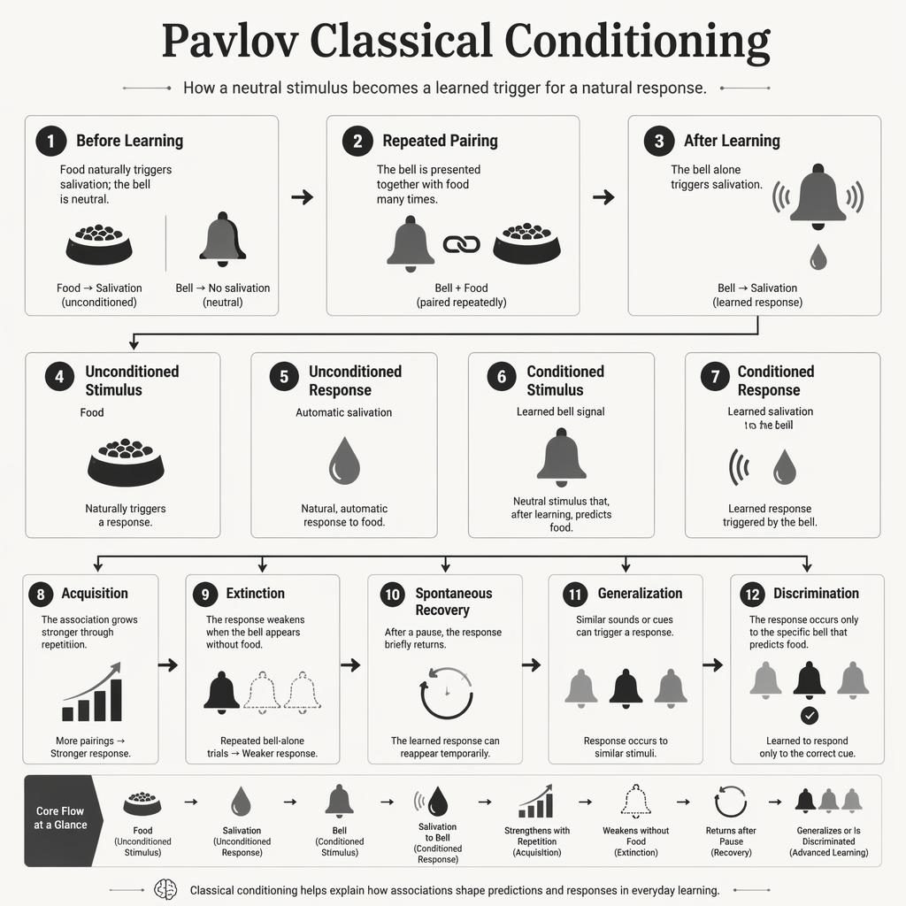 Monochrome psychology infographic poster grid showing Pavlov classical conditioning with 12 numbered cards, icons, arrows, and timelines.