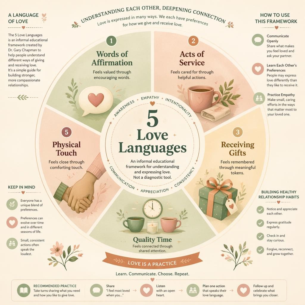 Infografía radial cálida sobre 5 Love Languages con cinco segmentos, iconos suaves, anillos concéntricos y paleta salvia y blush.