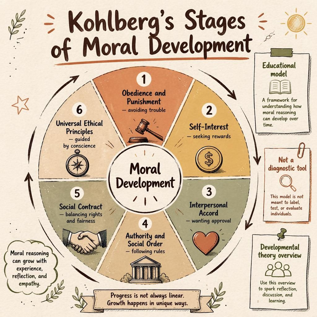 Sketchnote-style psychology wheel infographic with 6 numbered moral development stages, icons, side notes, and warm earth tones.