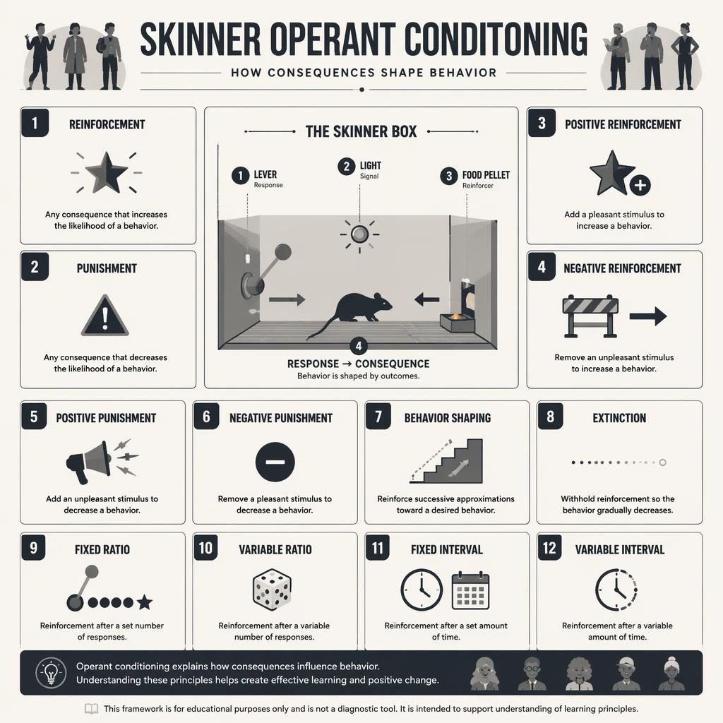 Monochrome Skinner Operant Conditioning poster grid with 12 numbered cards, icons, central Skinner box motif, and footer note.