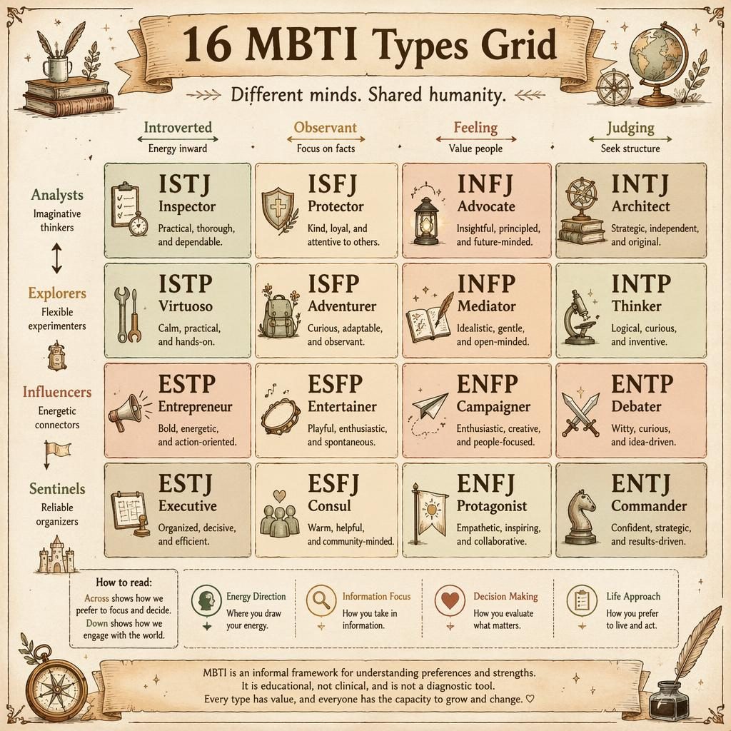 Warm earth-toned sketchnote infographic showing a 4x4 grid of 16 MBTI types with names, traits, icons, arrows, and footer note.