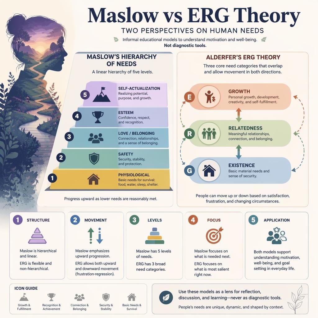 Editorial psychology infographic comparing Maslow’s 5-level hierarchy and ERG’s 3-category model with icons, cards, arrows, and silhouette.