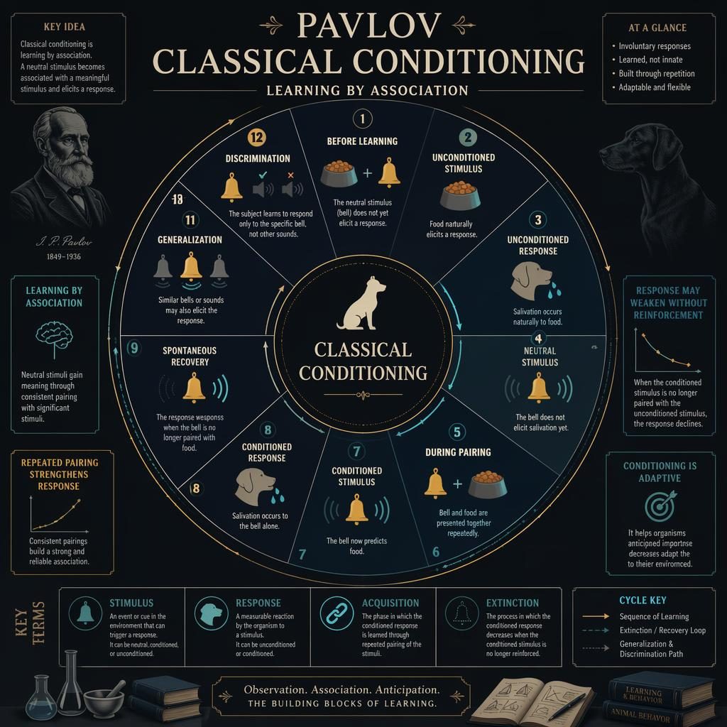 Infografía académica en modo oscuro sobre condicionamiento clásico con diagrama circular, iconos de campana, comida y perro