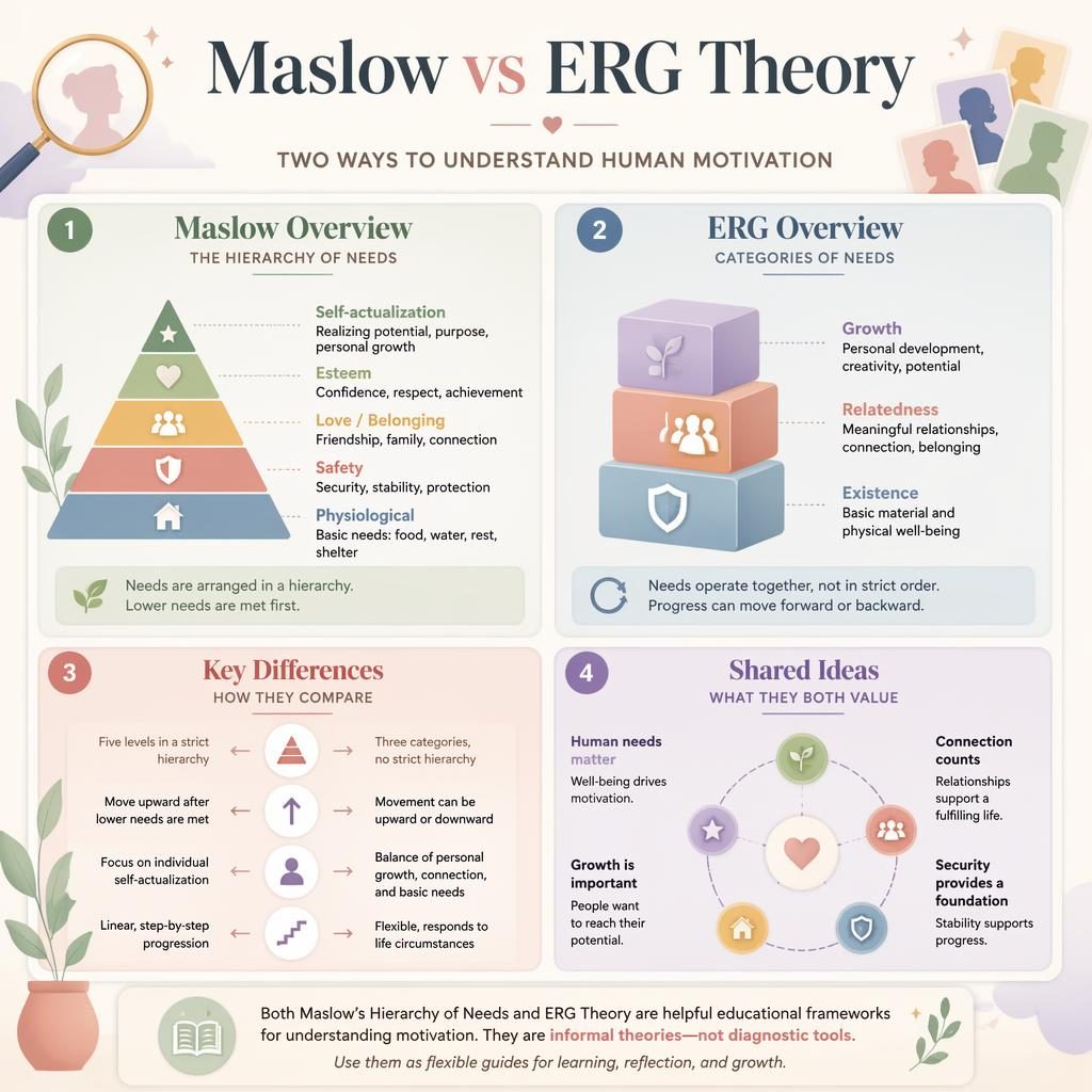 Pastel 2x2 infographic comparing Maslow hierarchy and ERG theory with icons, rounded panels, and educational captions.
