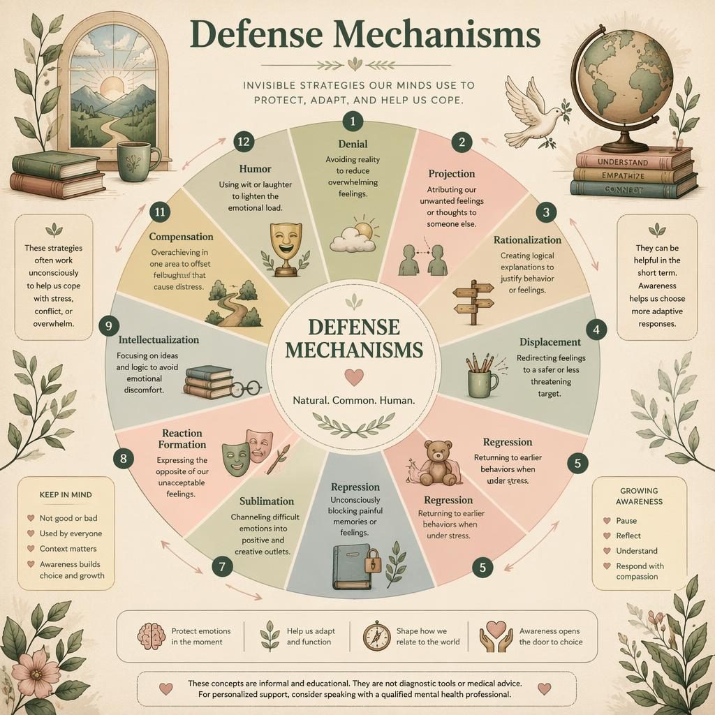 Infografía circular de mecanismos de defensa con rueda radial, iconos pequeños, paleta salvia y rosa, estilo editorial.