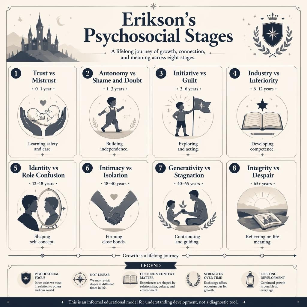 Monochrome psychology poster with 8 numbered cards showing Erikson's psychosocial stages, icons, timeline, legend, and footer note.