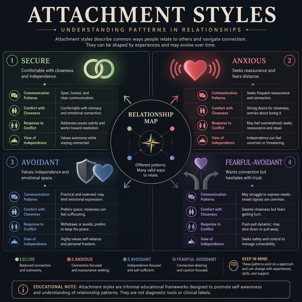 Dark mode Attachment Styles infographic with 2x2 quadrants, icons, captions, central relationship map, and footer note.