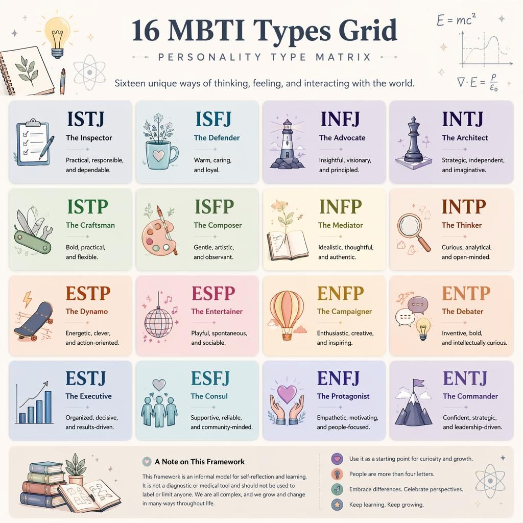 Pastel editorial infographic with a 4x4 grid of 16 MBTI types, icons, short traits, and an educational disclaimer.