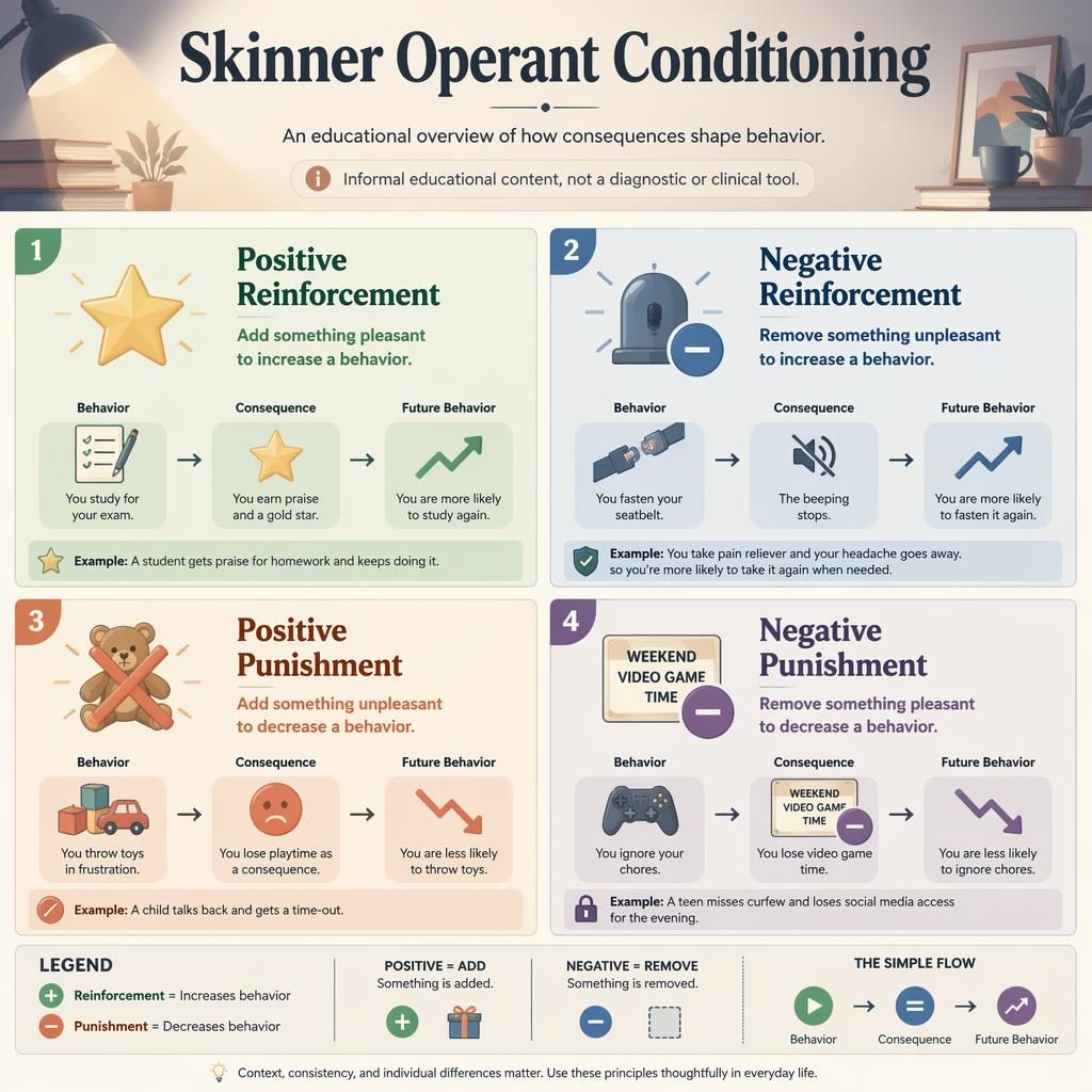 Pastel psychology infographic with four quadrants on operant conditioning, icons, captions, examples, legend, and flow arrows.