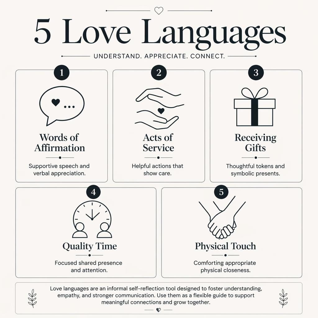Monochrome psychology infographic poster with 5 numbered love language cards, flat icons, captions, and editorial grid layout.