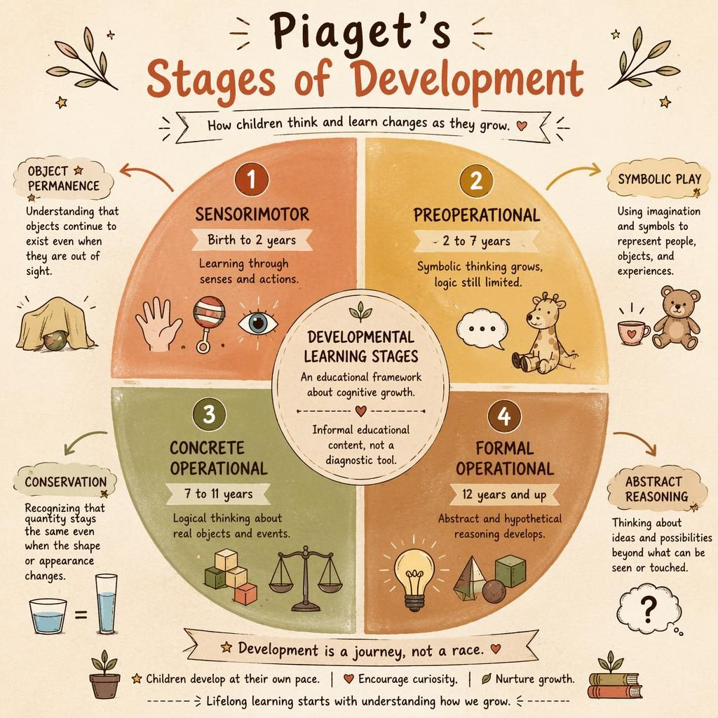 Hand-drawn educational wheel infographic of Piaget's four development stages with icons, age ranges, and warm earth tones.