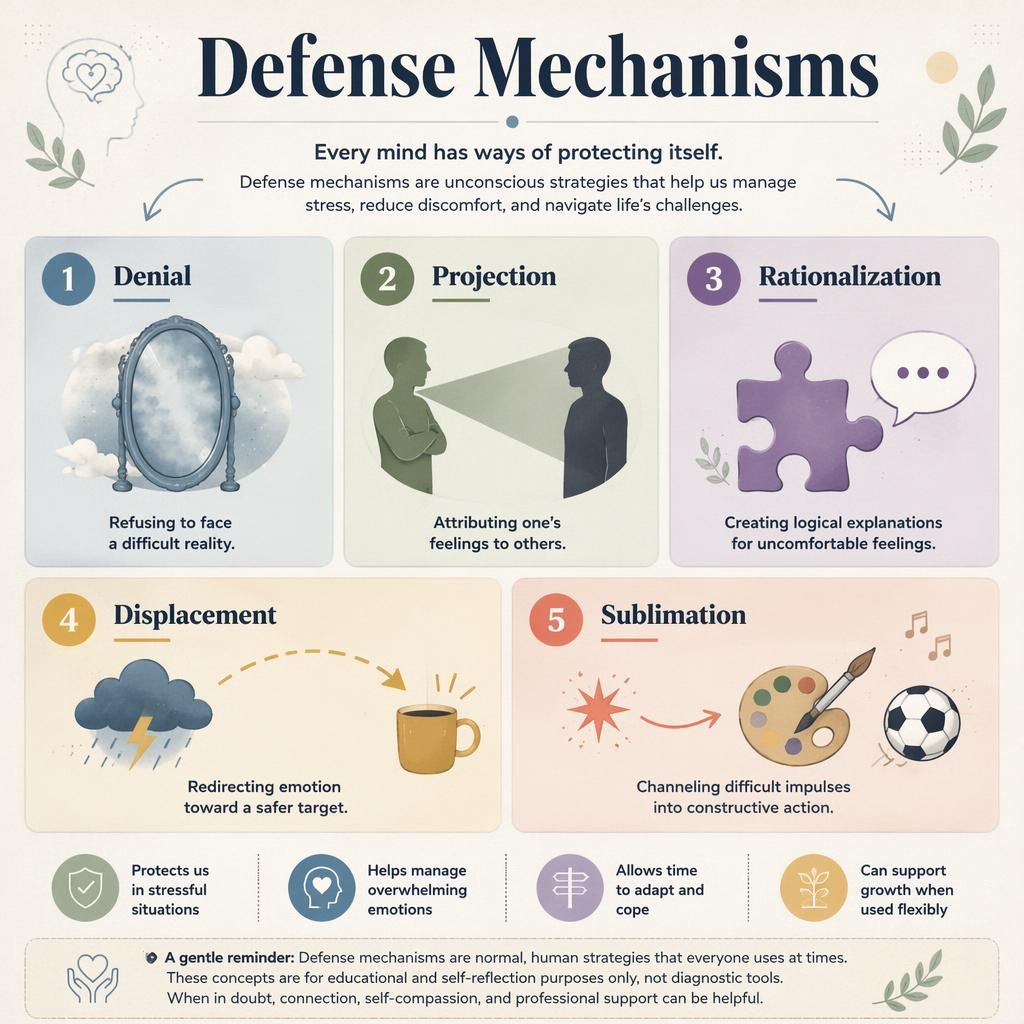Psychology infographic with 5 numbered cards on defense mechanisms, icons, muted rainbow palette, and educational footer note.