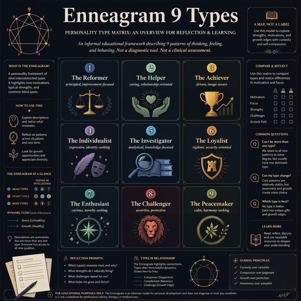 Dark academic infographic showing a 3x3 Enneagram 9 types grid with icons, traits, subtitle, and non-diagnostic legend.