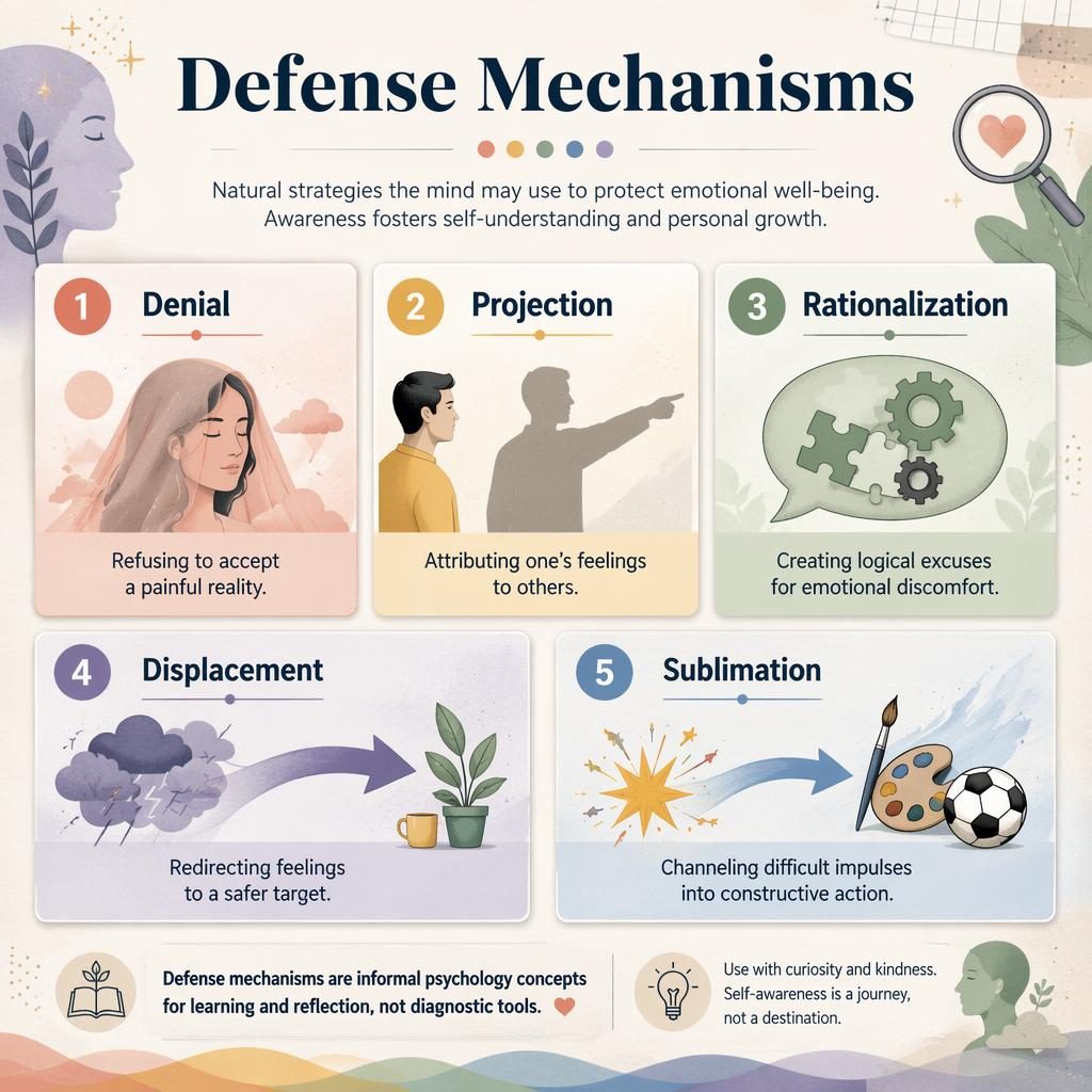 Editorial psychology infographic on defense mechanisms with 5 numbered cards, icons, muted rainbow palette, and footer note.