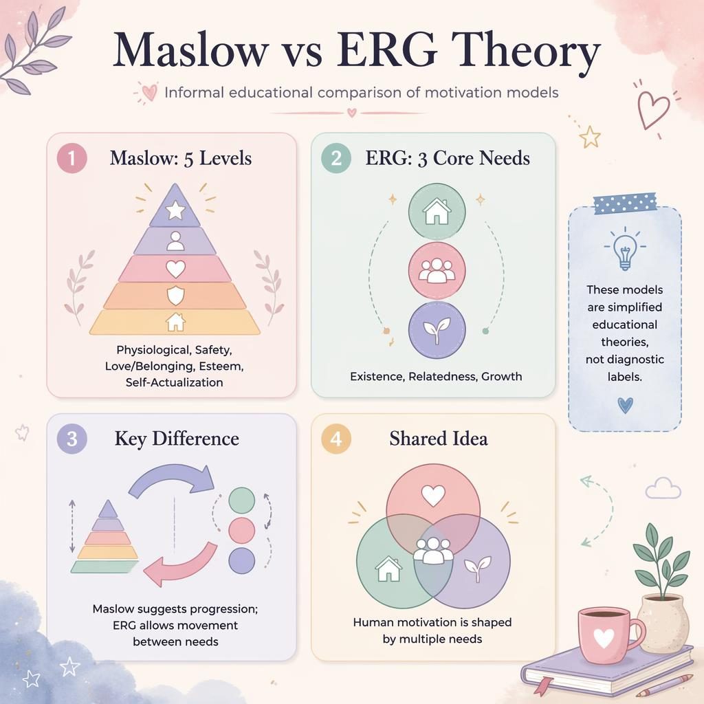 Pastel 2x2 psychology infographic comparing Maslow’s 5 levels and ERG’s 3 needs with icons, captions, and note box.
