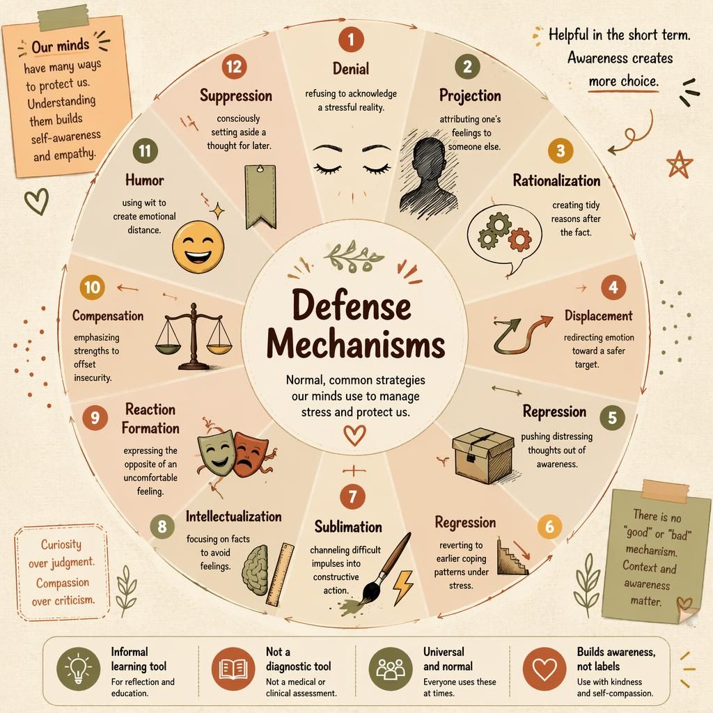 Sketchnote-style psychology infographic wheel on defense mechanisms with 12 labeled segments, icons, arrows, and warm earth tones.