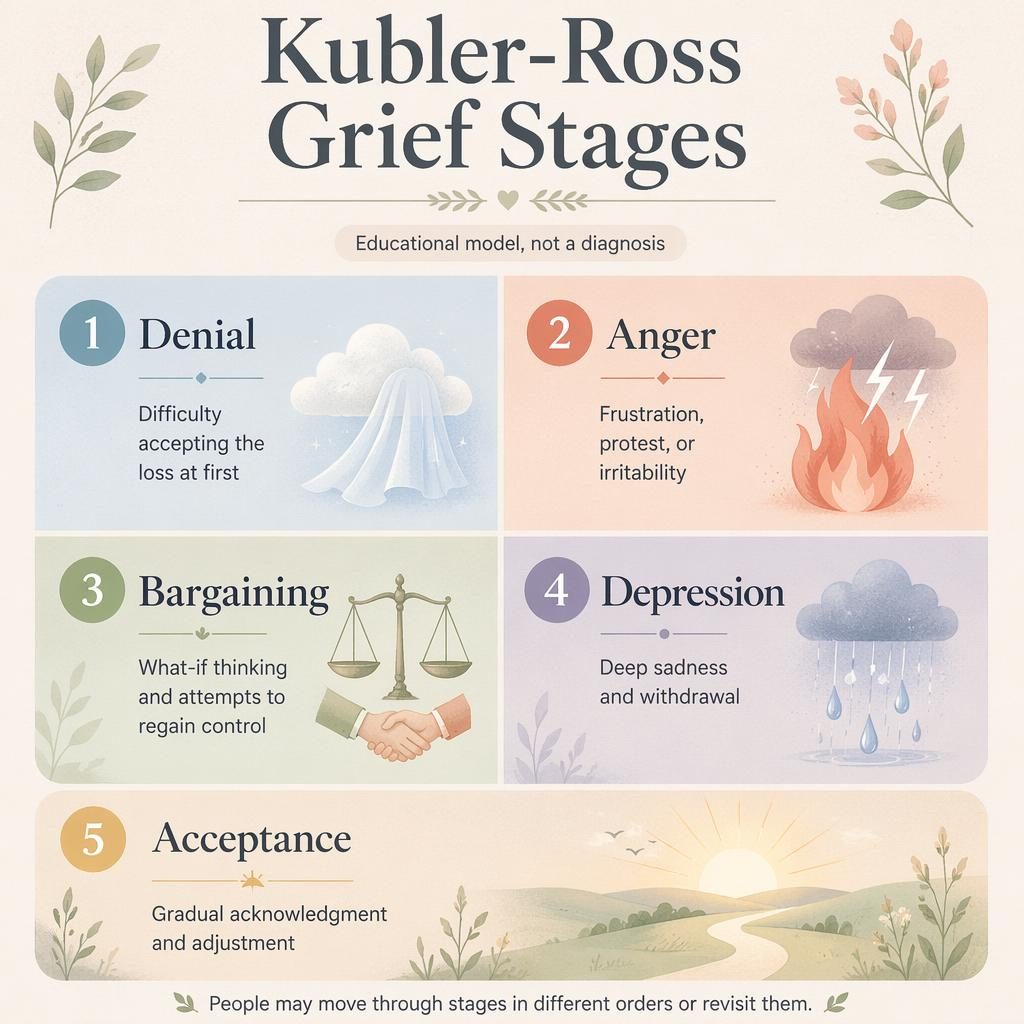 Pastel psychology infographic showing the 5 Kubler-Ross grief stages in four quadrants plus one numbered card.