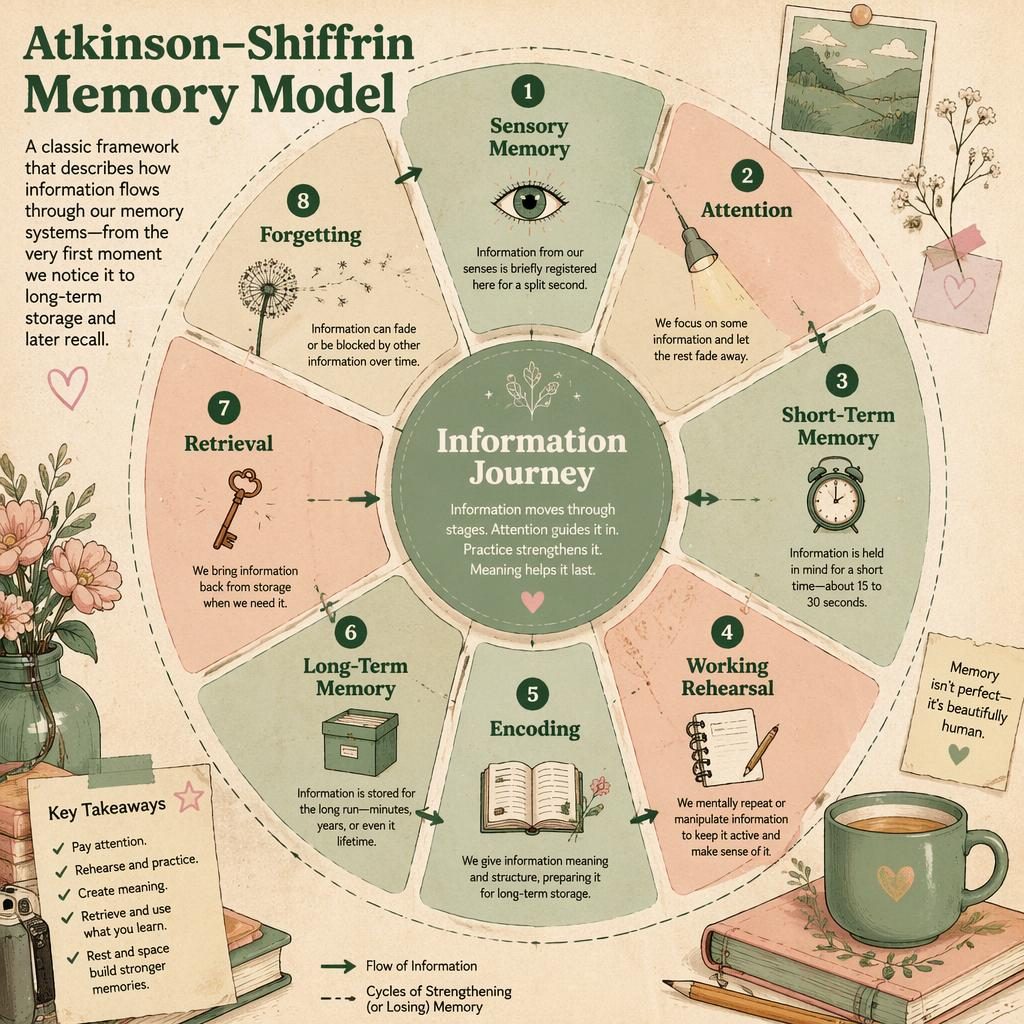 Editorial psychology wheel infographic of the Atkinson–Shiffrin Memory Model with labeled memory stages, icons, and radial arrows.