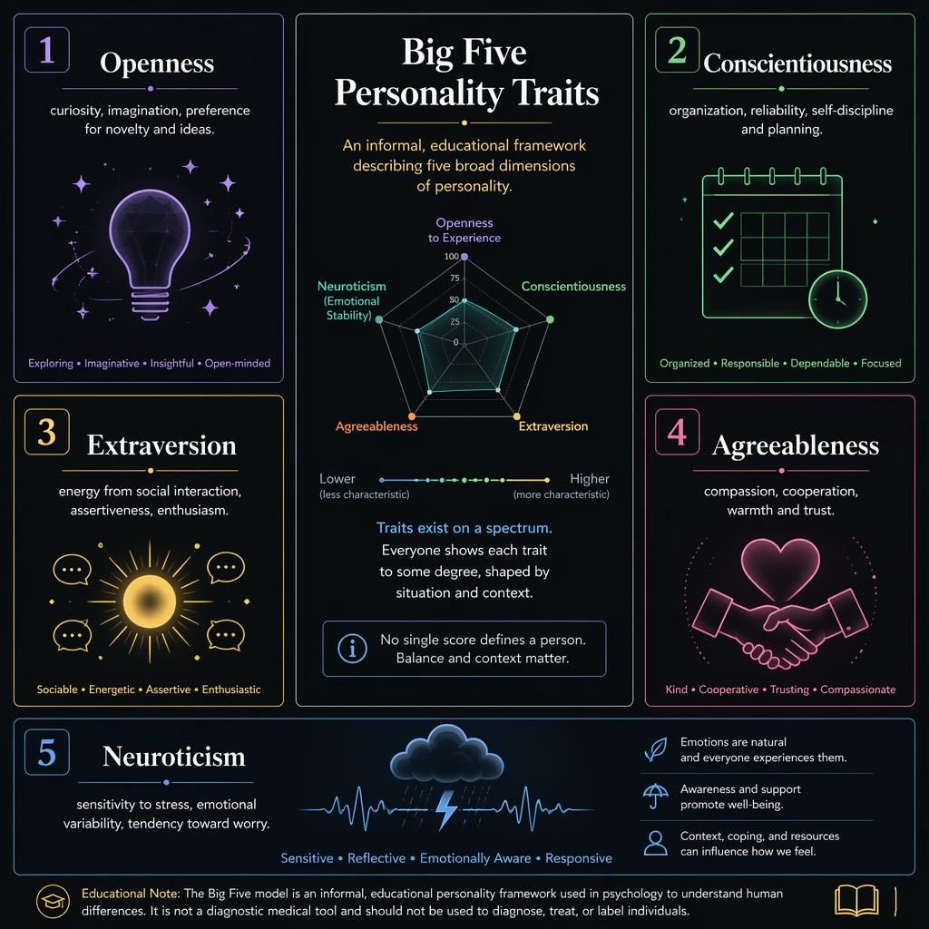 Dark mode Big Five Personality Traits infographic with five numbered cards, icons, and a central radar chart panel.