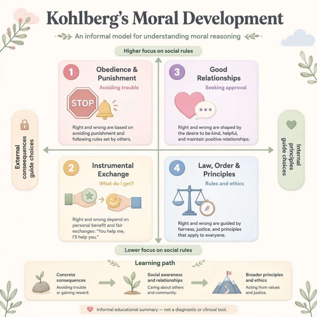 Pastel psychology infographic with a 2x2 quadrant on moral development, icons, captions, soft axis labels, and learning path.