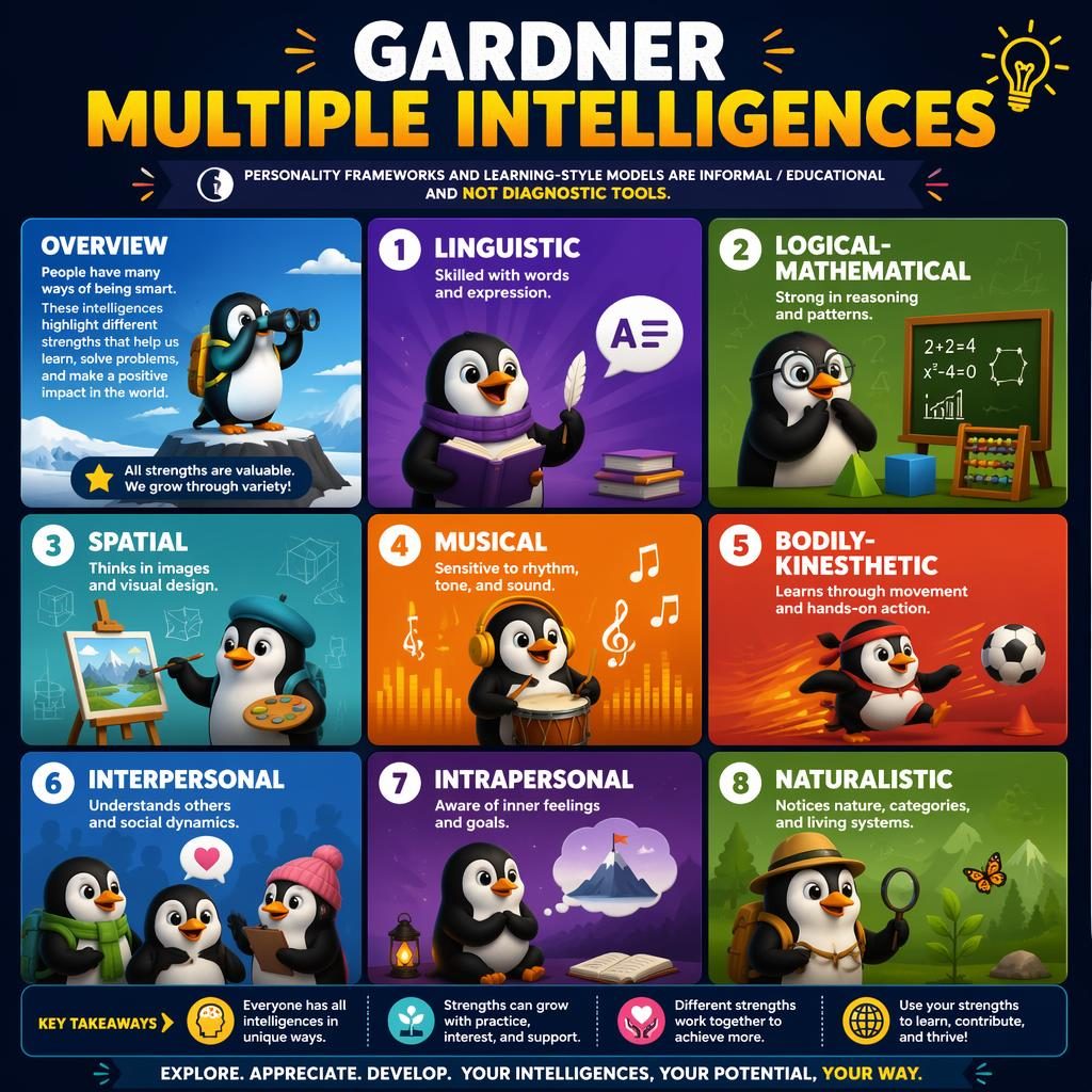 Psychology infographic showing an 8-card Gardner multiple intelligences matrix with icons, traits, bold gradients, and header note.