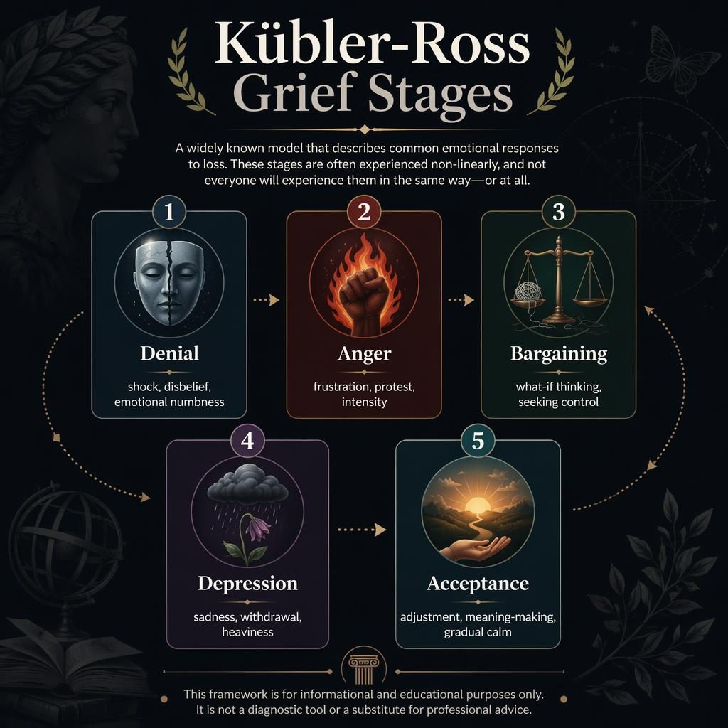 Dark mode psychology infographic with 5 numbered grief stage cards, icons, subtitle, and educational footer note.
