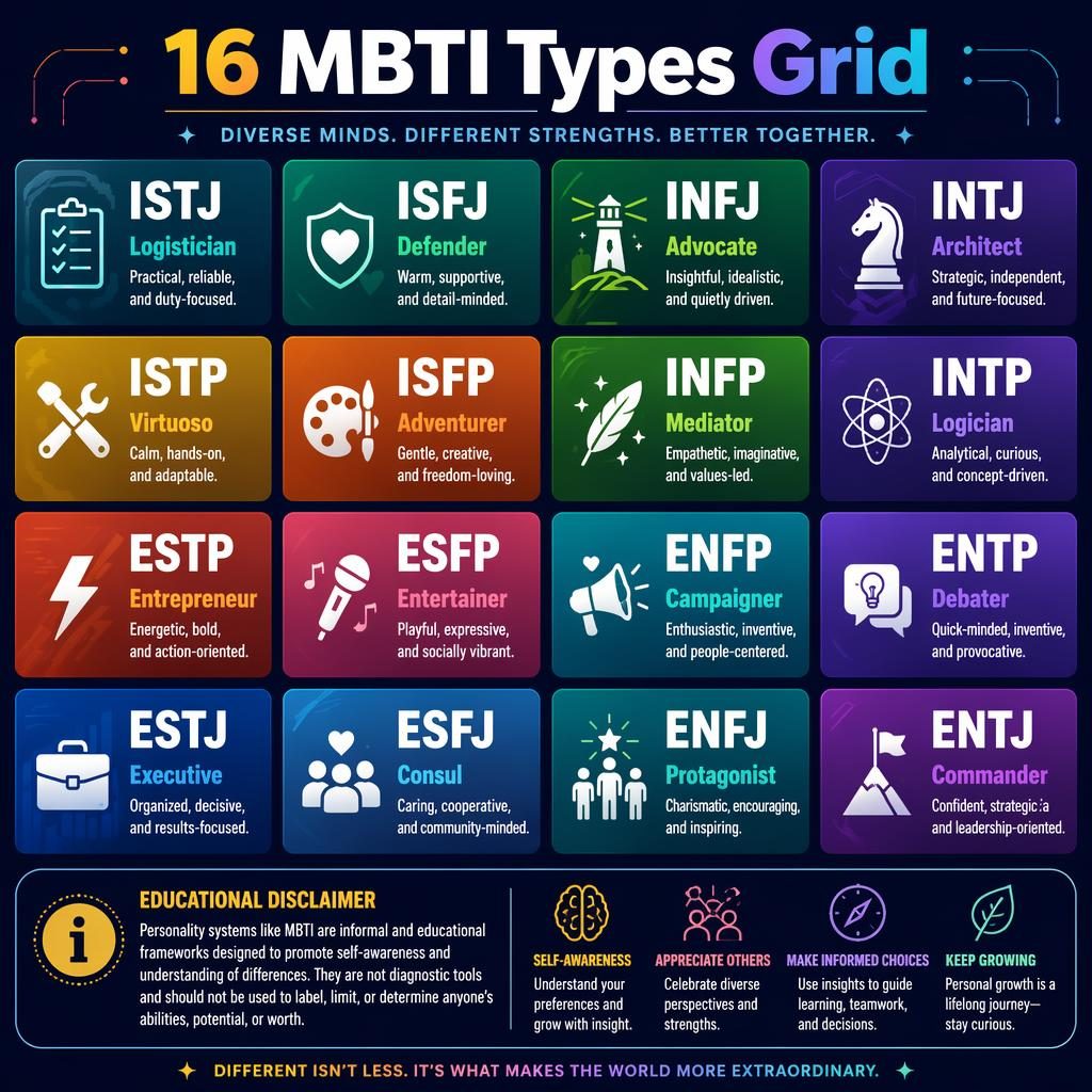 Editorial psychology infographic showing a 4x4 grid of 16 MBTI types with icons, traits, gradient cards, and disclaimer.