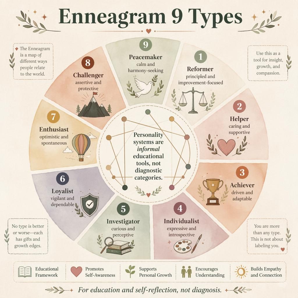 Infografía de rueda Enneagrama con 9 segmentos, iconos suaves, paleta salvia y rosa, subtítulos en inglés y textura papel.