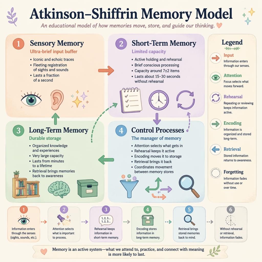 Pastel 2x2 psychology infographic of memory stages with arrows, icons, legend, and numbered callout cards.