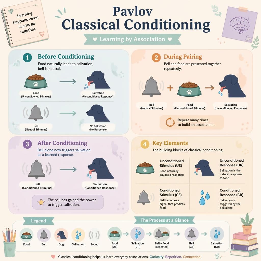 Pastel psychology infographic with a 2x2 Pavlov classical conditioning layout, bell, dog, food bowl, arrows, icons, and legend.