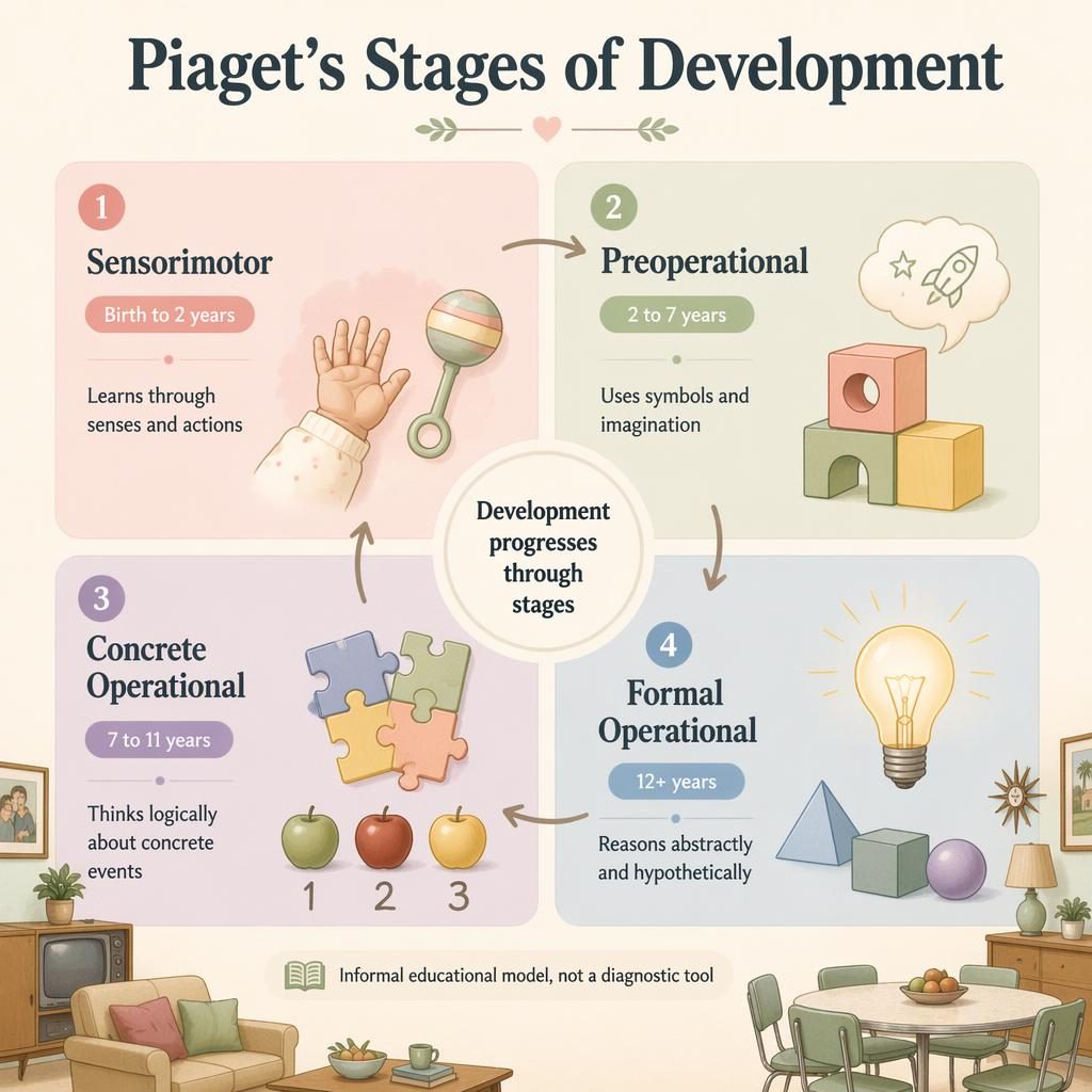 Pastel 2x2 infographic of Piaget stages with icons, arrows, central label, and a soft retro suburban family moodboard.